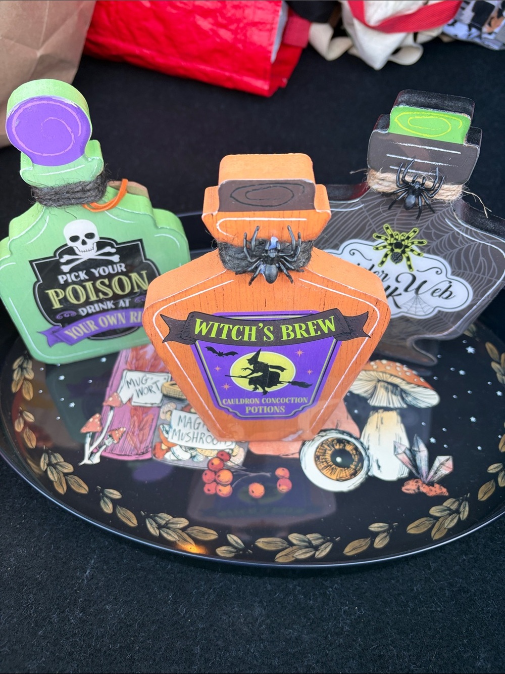 3 Wooden Decorative Potion Bottles With Tray